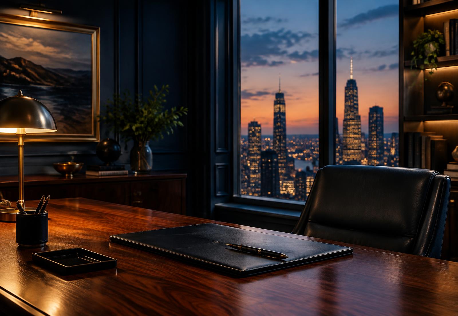 A quiet executive office at dusk with a leather portfolio and pen on a walnut desk